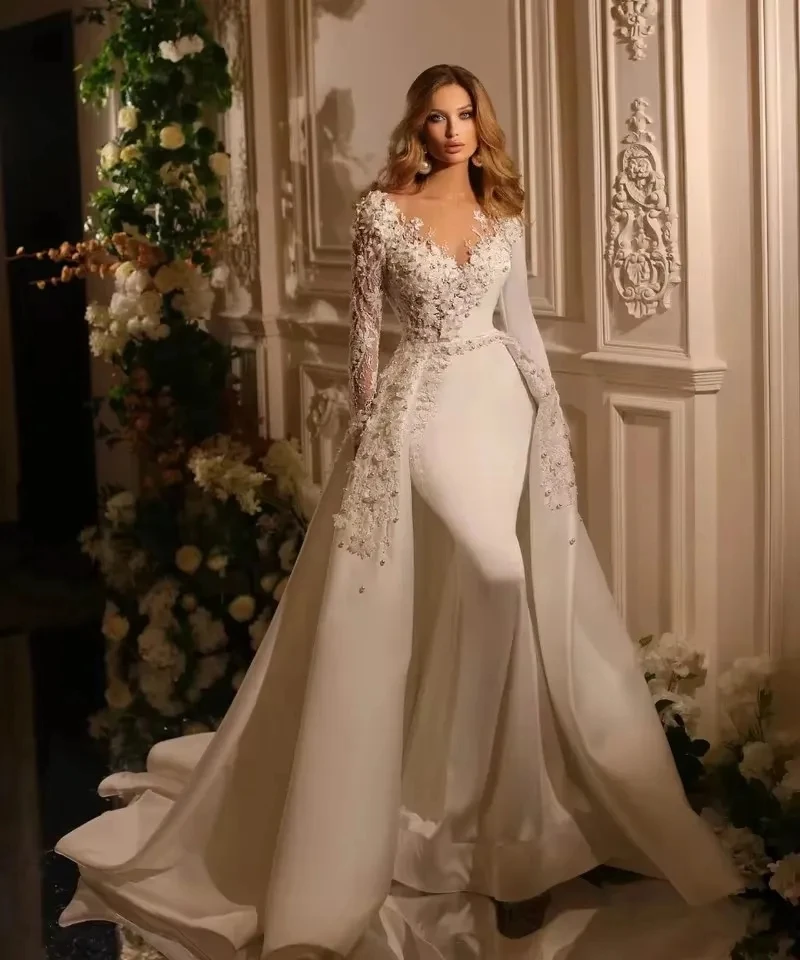 

2025 Satin V Neck Mermaid Wedding Dresses Long Sleeves Pearls Bridal Gowns Embroidery Detachable Overskirts Vestido De Novia