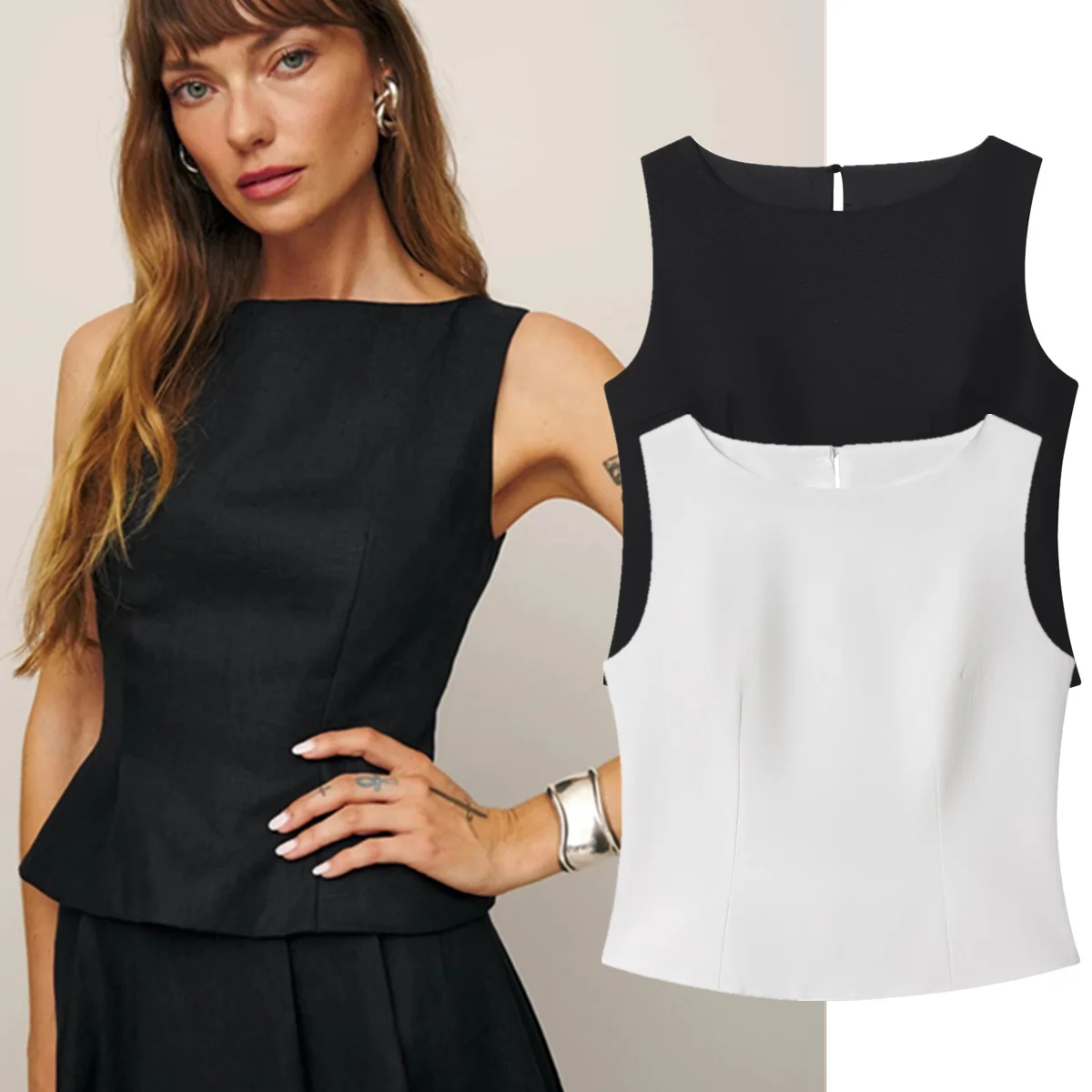 

Jenny&Dave French Minimalist Black And White Sleeveless Shirt Spring/Summer Cotton And Linen Blouses Women's Clothes Shirts Tops