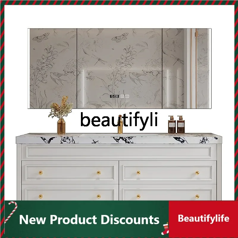 

LTD80 French double basin bathroom cabinet oak washbasin rock slab integrated basin retro bathroom washbasin cabinet D80