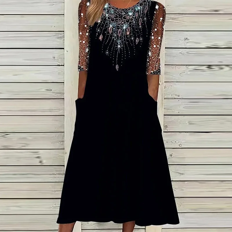 Vintage Women Half Sleeve O-neck A-line Long Dress Lady Transparent Party Dress Elegant Patchwork Mesh Sequins Pocket Dresses