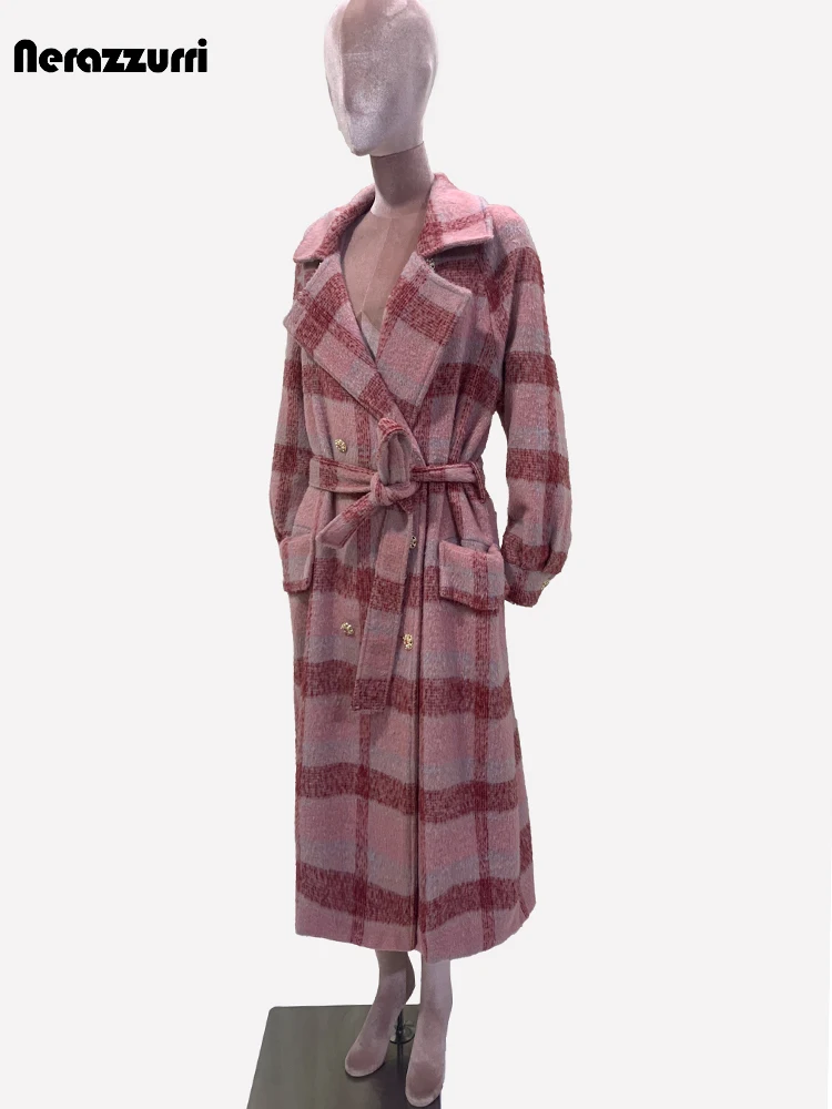 Nerazzurri Autumn Winter Long Oversized Colorful Thick Warm Soft Plaid Woolen Coat Women Double Breasted Wool & blends Overcoat