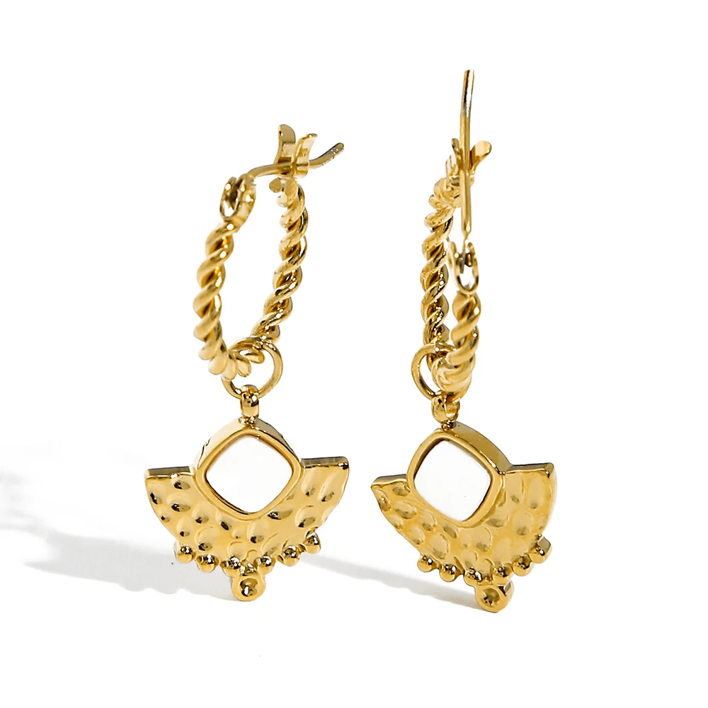 

WILD & FREE Vintage Stainless Steel Drop Earrings for Women White Natural Shell Irregular Metal Texture Trendy Jewelry