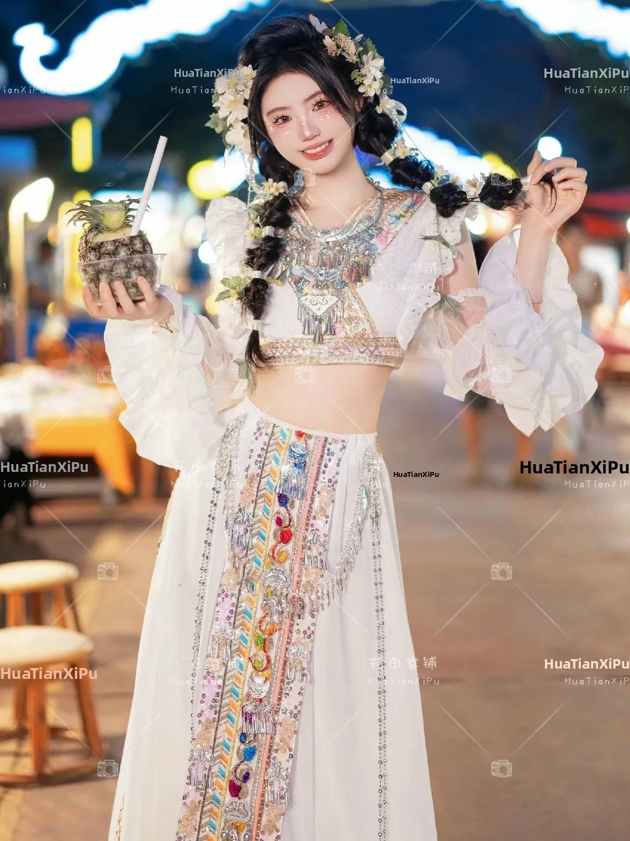 

New Ethnic Style White Girl Suit Set Photography Costume Travel Shoot Traditional Costume Women's Fashion Summer 2024