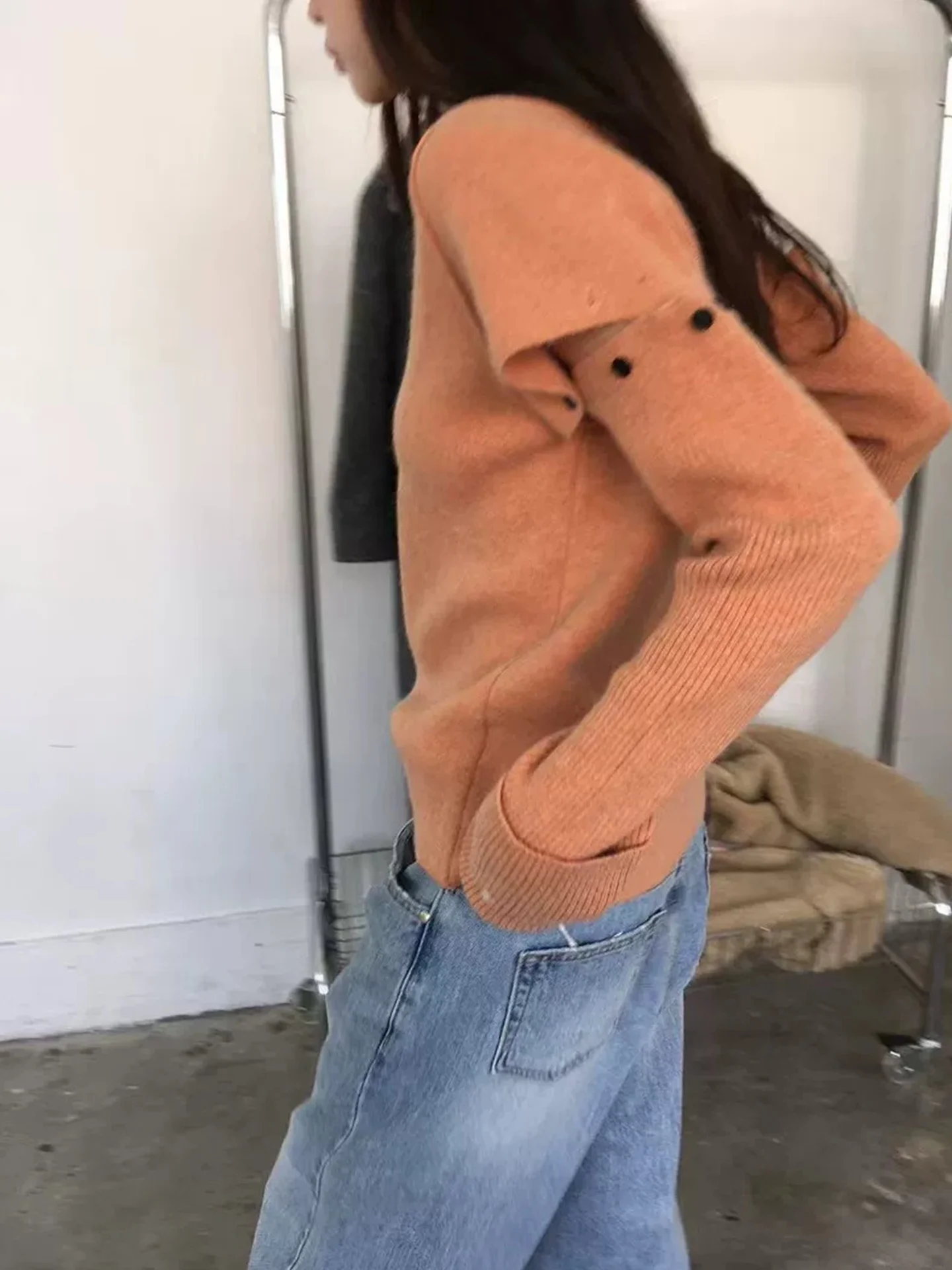 MOSA Women's Knitted Sweater Set Loose Fit round Ne Detachable Sve Casual Sle Long Sve Top Two-Piece Ensemble