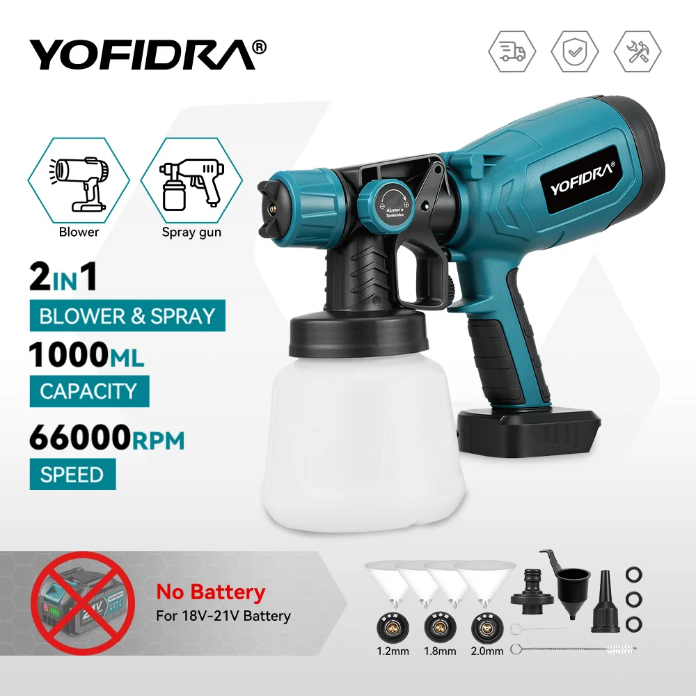 YOFIDRA 2IN1 1000ML Electric Spray Gun Air Blower 66000RPM Household Furniture Paint Sprayer Power Tools For Makita Battery Pin