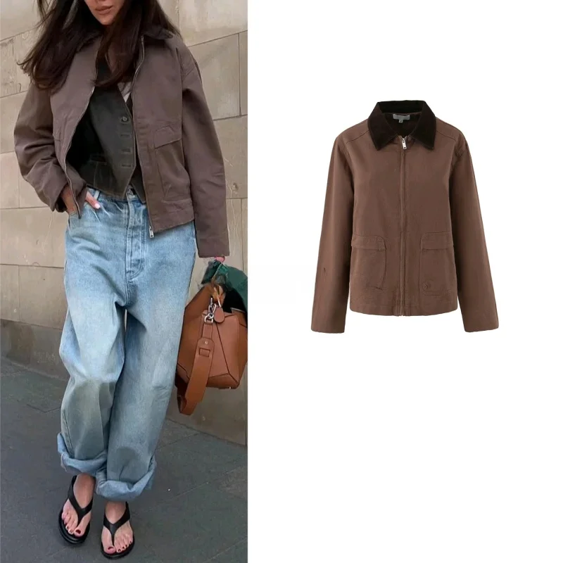 

Fall New Women's American Retro Barn Sle Patchwork Collar Long Sve ort Pilot Jaet Coat Casual Loose Fit Cotton Polye...