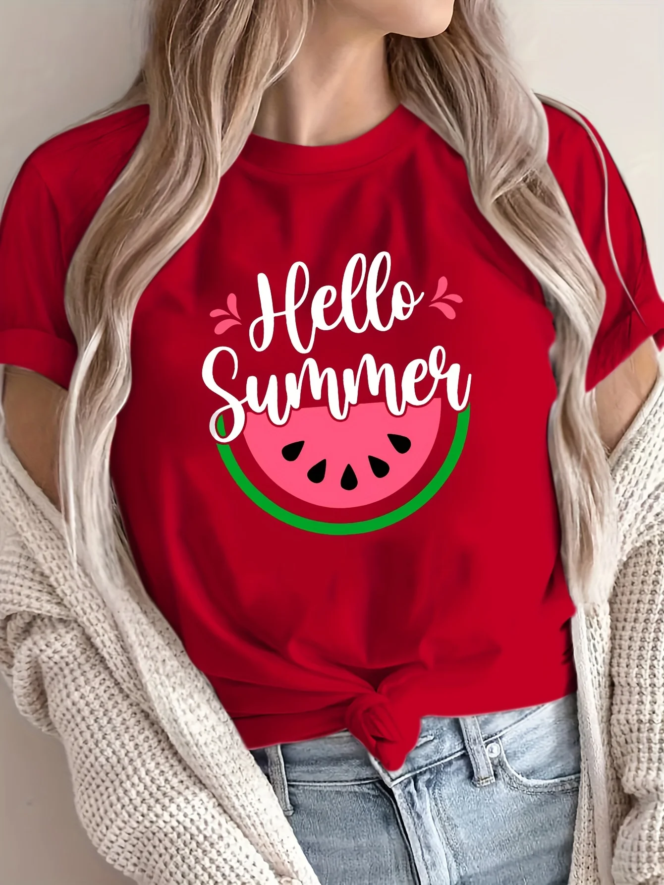 Watermelon Print Crew Neck T-shirt Short Sleeve Casual Top For Summer  Spring Women's Clothing