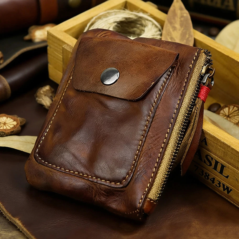 Genuine Leather Men Retro Wallet Top Quality Slim Simple Zipper Coin Pocket Classic Handmade Male Purses