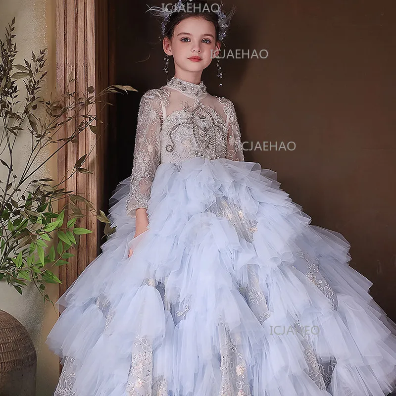 Children Girls Formal Dress Long Sleeve Blue Evening Gown Piano Host Performance Flower Girl Birthday Runway Princess Costume