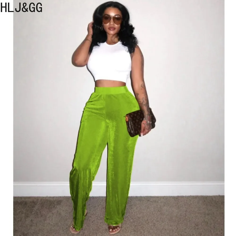 HLJ&GG Fashion Velvet Loose Wide Leg Pants Women Elastic High Waist Straight Trousers Casual Female Solid Color Matching Bottoms