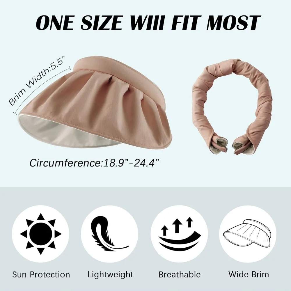 Damenvisiere, aufsteckbares, faltbares Damen-Golfvisier mit breiter Krempe, aufrollbarer Sonnenhut mit Stirnband und UV-Schutz