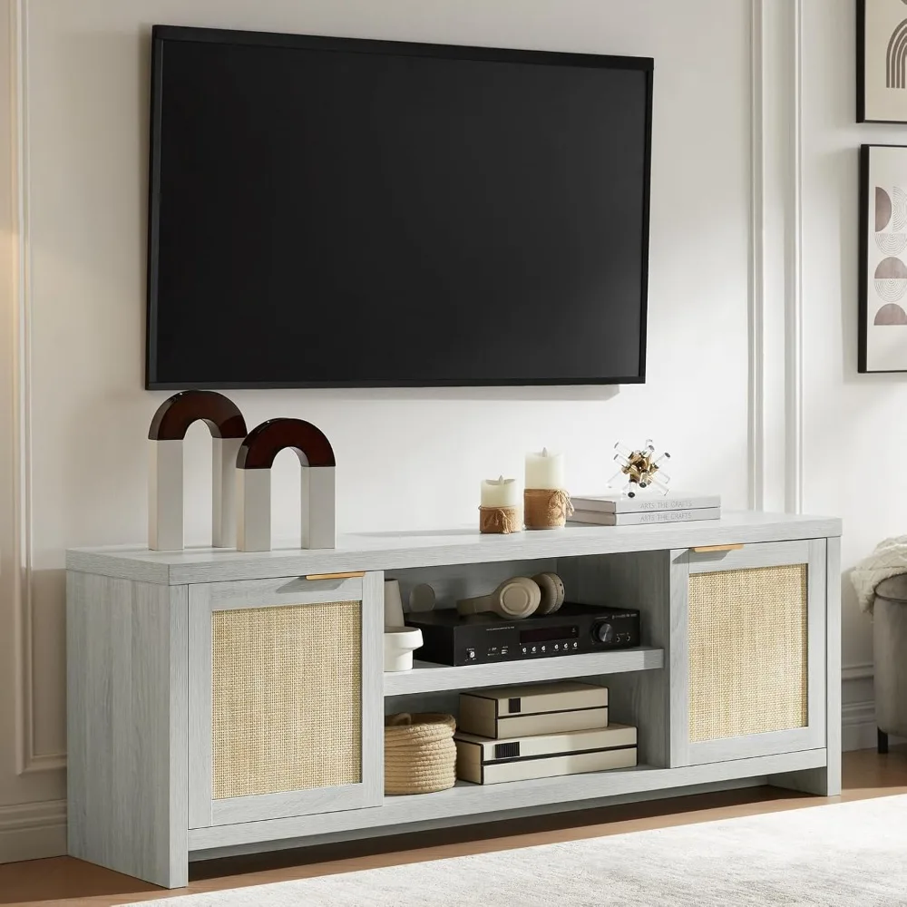 Modern Entertainment Center for 65 inch TV, 2 Rattan Doors Cabinet Media Console, TV Console Table with Soft Hinge Door