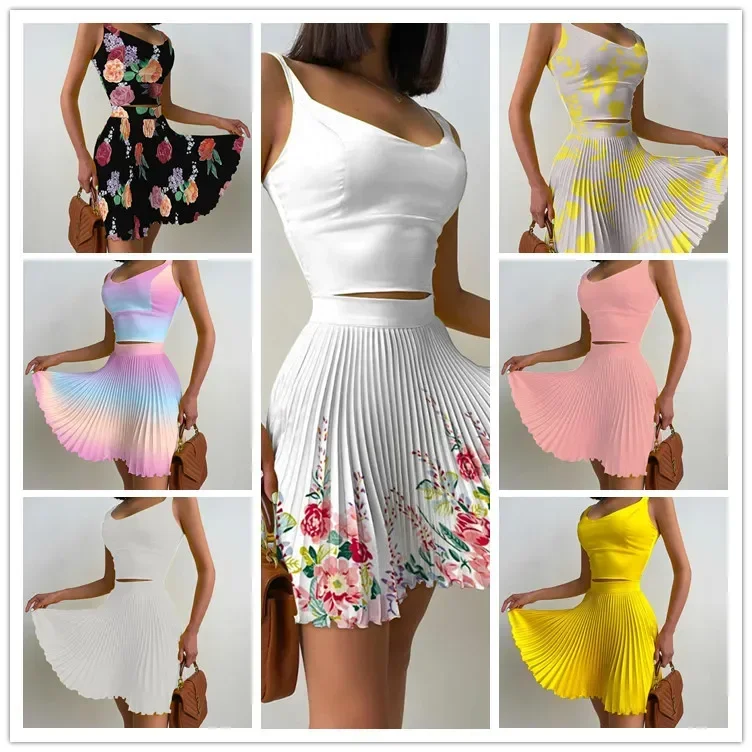 

Women Fashion Printing Short Skirt Two Piece Set Suspenders Leisure Female Pleated Skirts Suit Matching Sets Lady Office