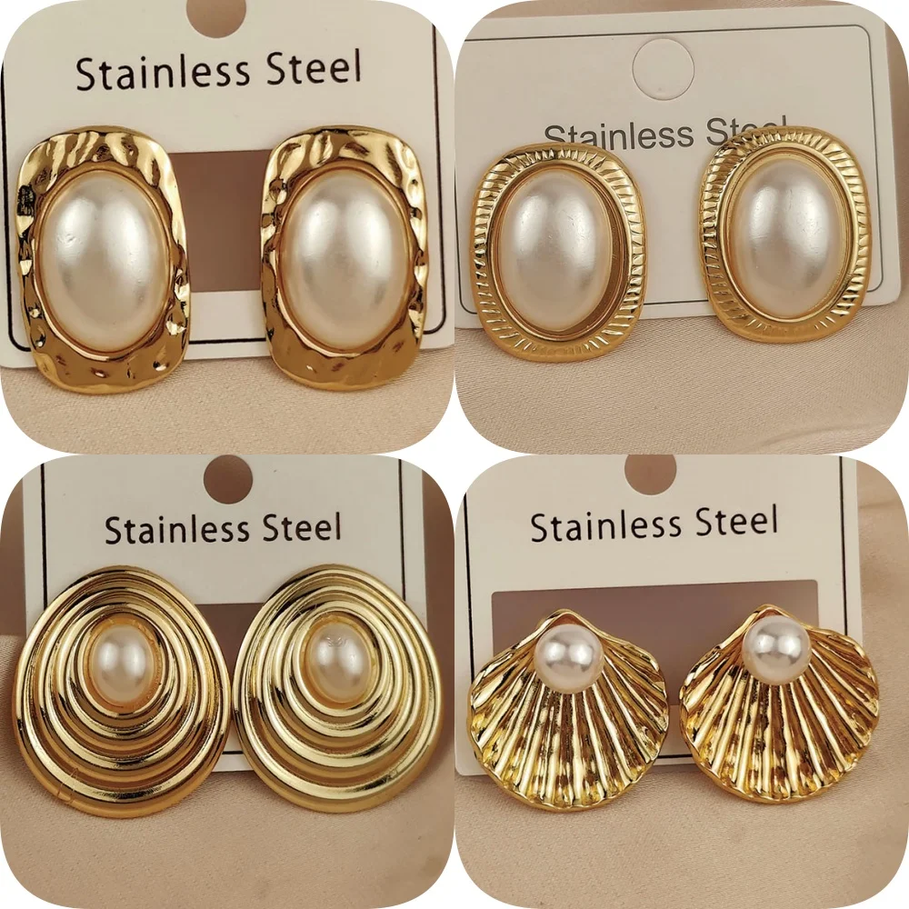 Charming heavy metal fan-shaped pearl 18K women's earrings, waterproof and non-fading stainless steel, wife gift