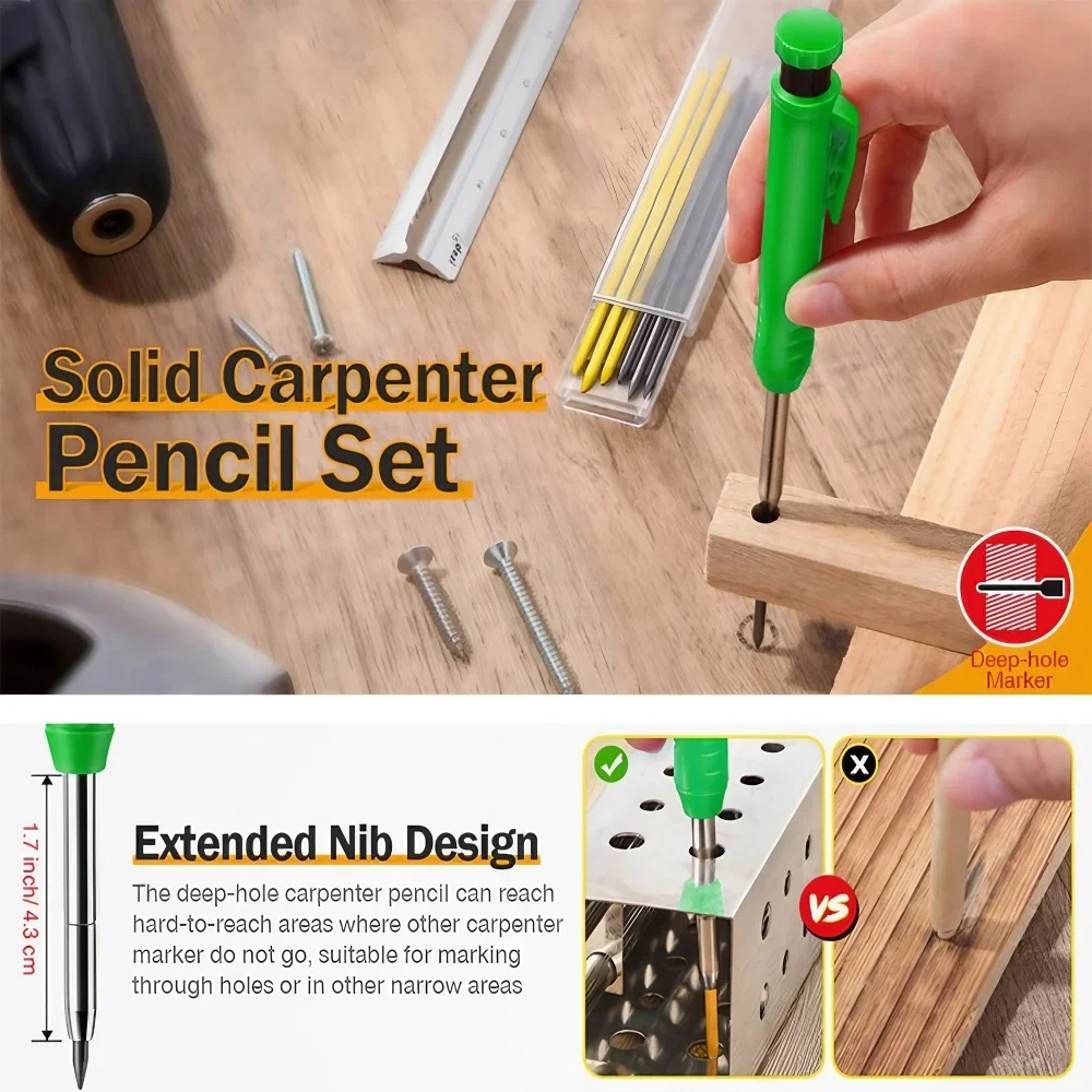 Professional Metal Long Tip Woodworking Pencil for Deep Hole Marking Graphite Lead Quick Dry Mechanical Pencil Kit Scriber Marker Tool for Construction Carpenters Workshop Engineering Drafting Precision Measuring Tools