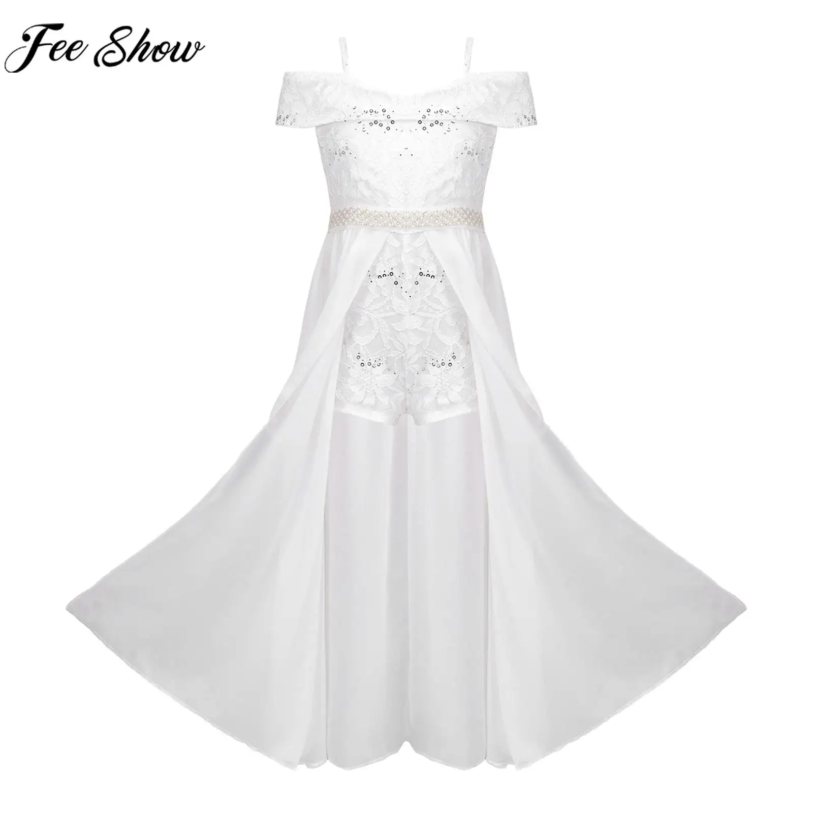 

Girls Off Shoulder Lace Chiffon Wedding Bridesmaid Dress Beaded Sequin Decor Split Leotard Party Dress for Birthday Prom Dance