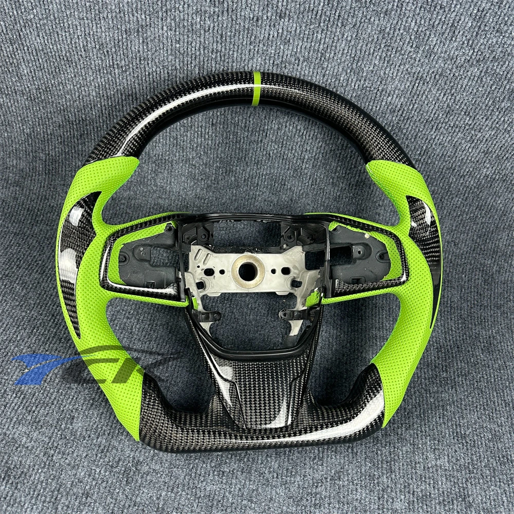 Steering Wheel for Honda Civic 2016 2017 2018 2019 2020 2021  Customized Black Carbon Fiber Green Leather