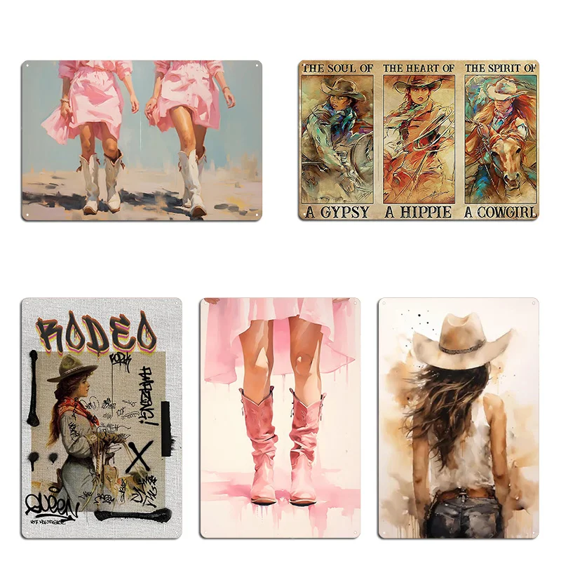 Rodeo Cowgirl In Riding A Horse We Borrow Freedom Spirit of the Wild West Graffiti style Metal Party Designing Tin Sign Poster
