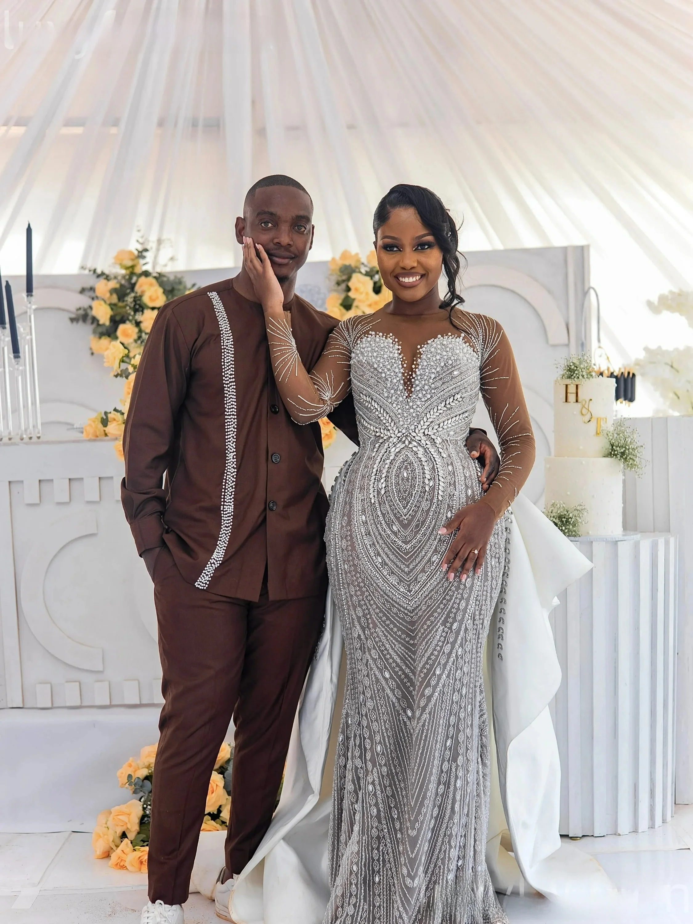 Customized African Sheer Neck Sparkly Heavy Beads Crystals Mermaid Wedding Dress with Removable Skirt  Full Sleeves Bridal Gowns