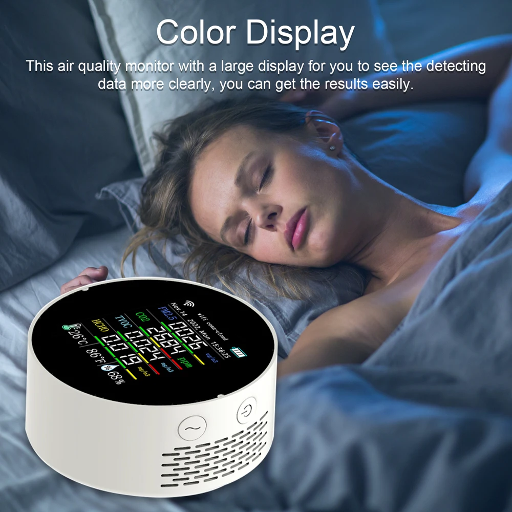 Imagem -03 - Tuya Wifi Medidor de Qualidade do ar 7in1 Pm2.5 Co2 Tvoc Hcho Aqi Temperatura Umidade Tester App Controle com Função Alarme Calendário