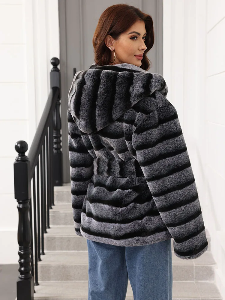 ZADORIN New Stripes Winter Fur Coats Woman Mid Long Hooded Warm Loose Faux Fur Coat For Woman Elegant Belted Fluffy Fur Jacket