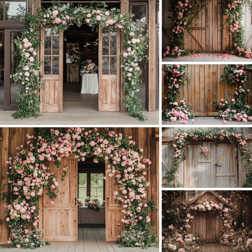 Spring Easter Backdrop Flowers Wood Door Wooden Floor Photography Background Kids Portrait Birthday Party Decor Photo Props