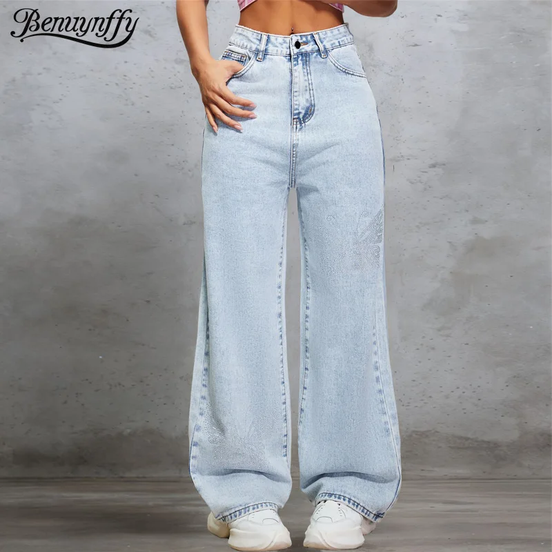 

Benuynffy American Retro Washed Do Old Diamonds Jeans Women's Y2k Fashion Streetwear High-waisted Baggy Denim Wide Leg Trousers
