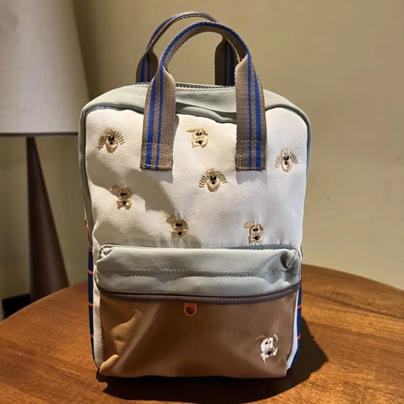 Embroidered Puppy Mini Backpack Cute Color Block School Bag for Toddler Girls Lightweight Travel Rucksack
