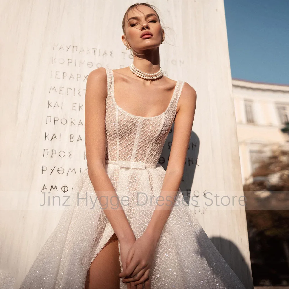 Luxury Wedding Dress Lace A Line Criss-Cross Slit Summer Wedding Gowns for Women 2023 Bride Tank Sleeveless Illusion Bridal Gown