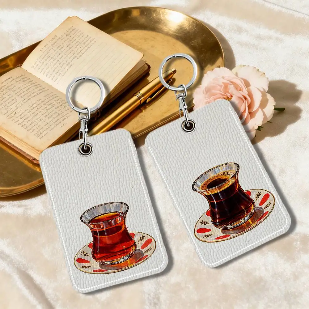 Cup And Drink Design PU Soft Leather Rectangular Keychain Card Holder, Badge Student ID Bus Elevator Card Protector