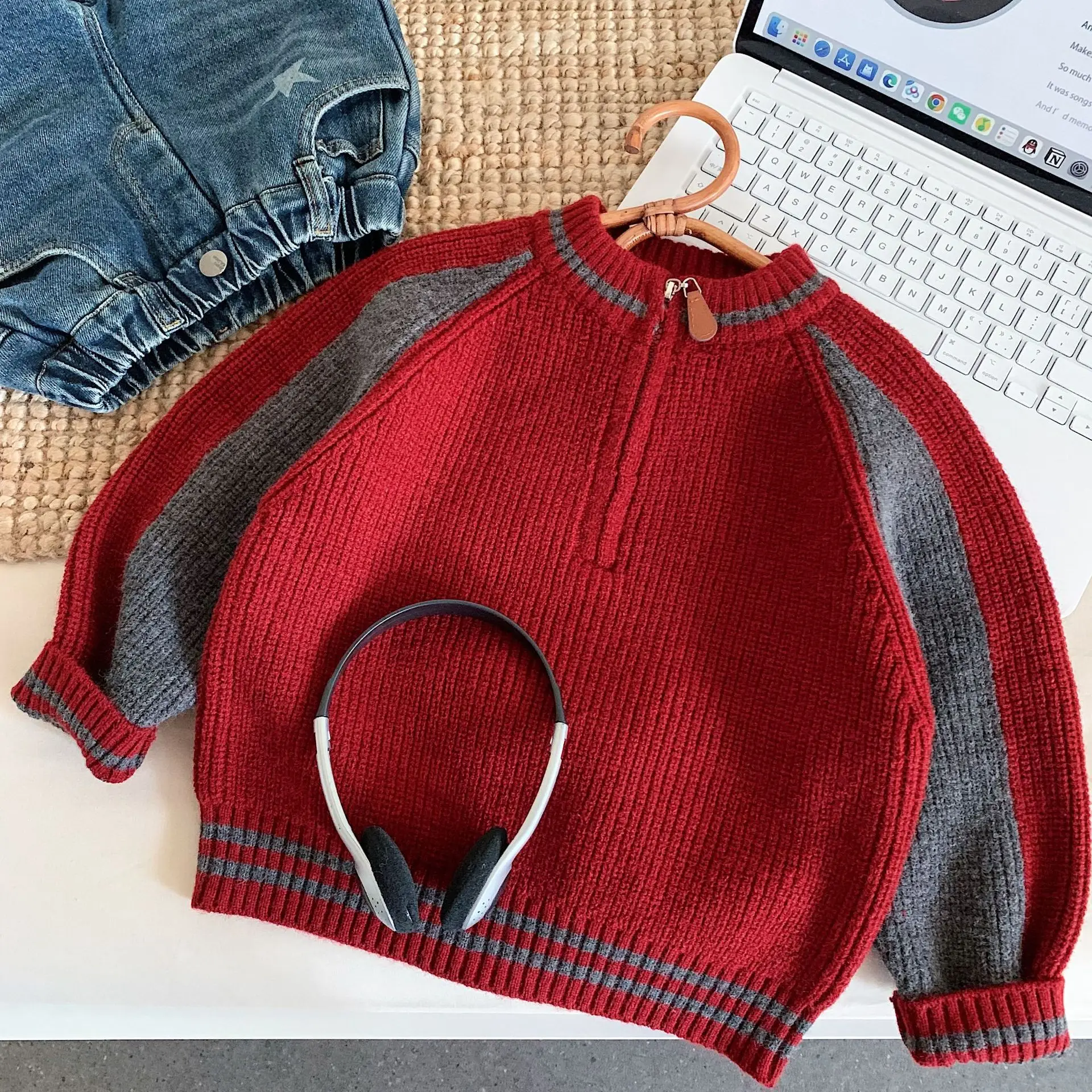 Children's Sweater 2026 Autumn Winter New Style Boys' Half Zipper Casual Knitted Shirt Boys' Red Top