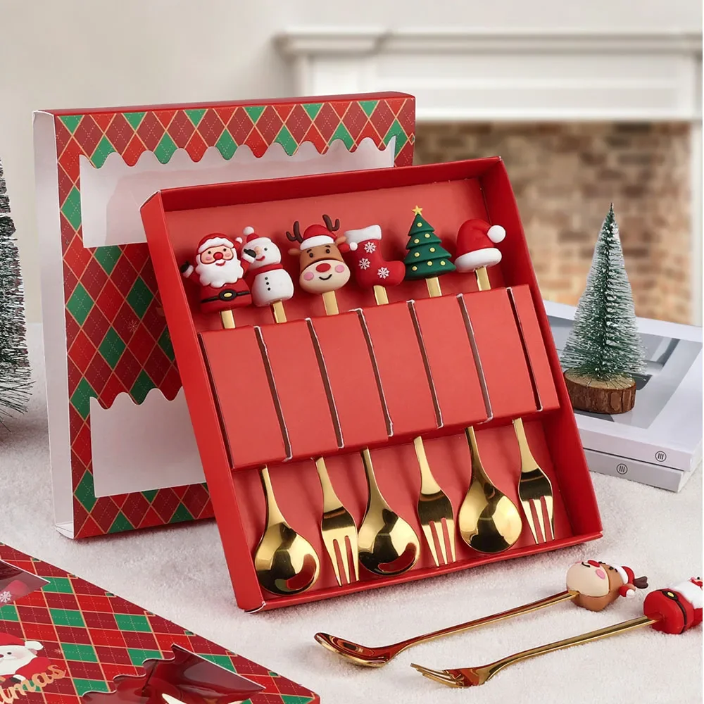 4/6 Stücke Weihnachten Kaffeelöffel Gabeln Set Edelstahl Löffel Gabeln Weihnachtsgeschenke für Kinder (Rot/Grün Geschenkbox Set)