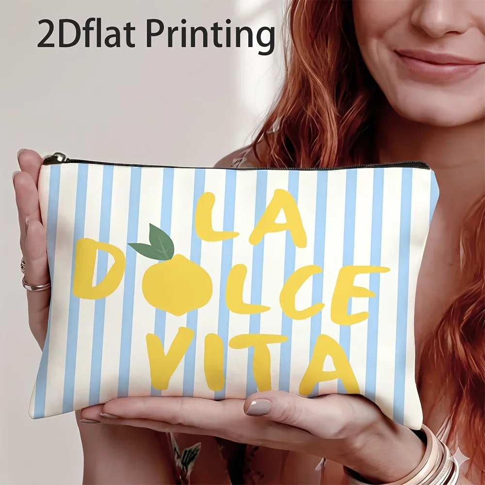 Blue and White Striped Lemon Makeup Bag La Dolce Vita Vintage Storage Bags French Fresh Aesthetics Striped Lemon Print Bags