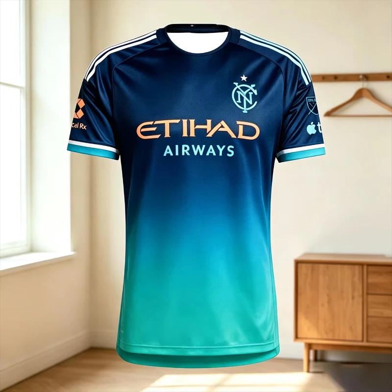 Men NYCFC Black Away Soccer Jersey Etihad Airways Print Quick Dry Short Sleeve Crew Neck Football Fan Training Sports Tee Tops