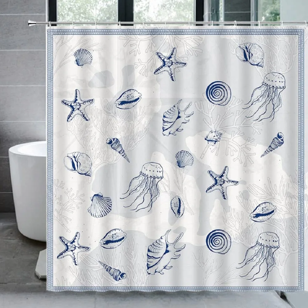 

Shells Starfish Shower Curtain Tropical Reef Nautical Coastal Ocean Beach Waterproof Fabric Bath Curtains Bathroom with Hooks