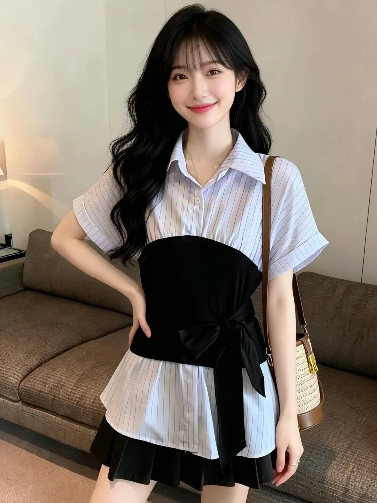 

Korean Casual Style Color Block Stripe Splicing Belted Short Sleeve Shirt Women's Spring Summer Fake Two-Piece Slimming Top