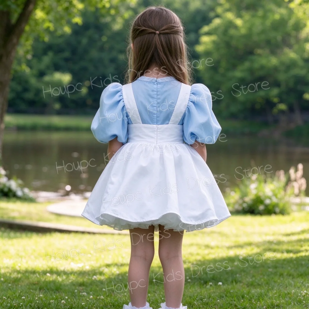 Girls Blue White Spliced Dress Puff Sleeve V-Neck Satin Vest Skirt A-Line Maxi Gown Kids Flower Girl Wedding Party Vestidos