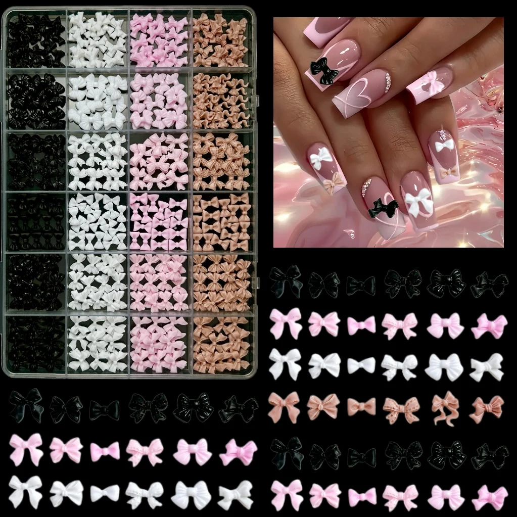 1 상자 달콤한 솔리드 컬러 리본 넥타이 수지 네일 매력 미니멀리스트 하트 플랫 백 진주 DIY 네일 부품에 대한 혼합 네일 아트 장식
