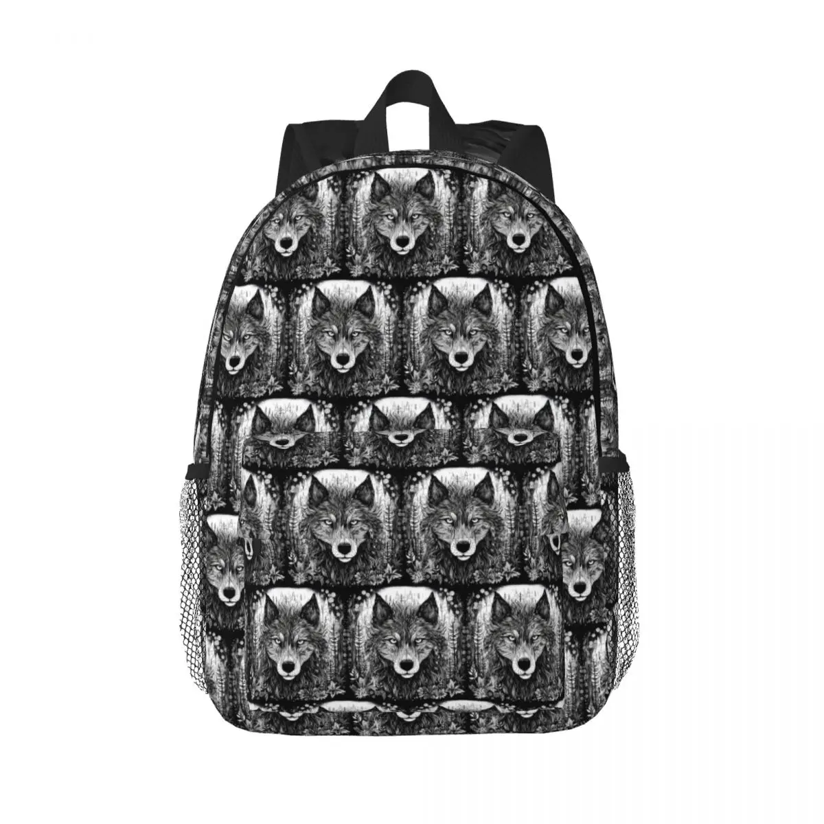 Black White Wolf Surrounded By Flowers Backpack Daypack Large Capacity Boys Girls BookBag Shoulder Bags for Unisex School Bag