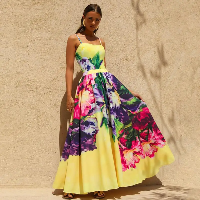 

Flaxmaker Woman Swimsuit and Sarong Vintage Printed One Piece Swimwear Summer Yellow Oil Painting Flower Print Bodysuit Skirt