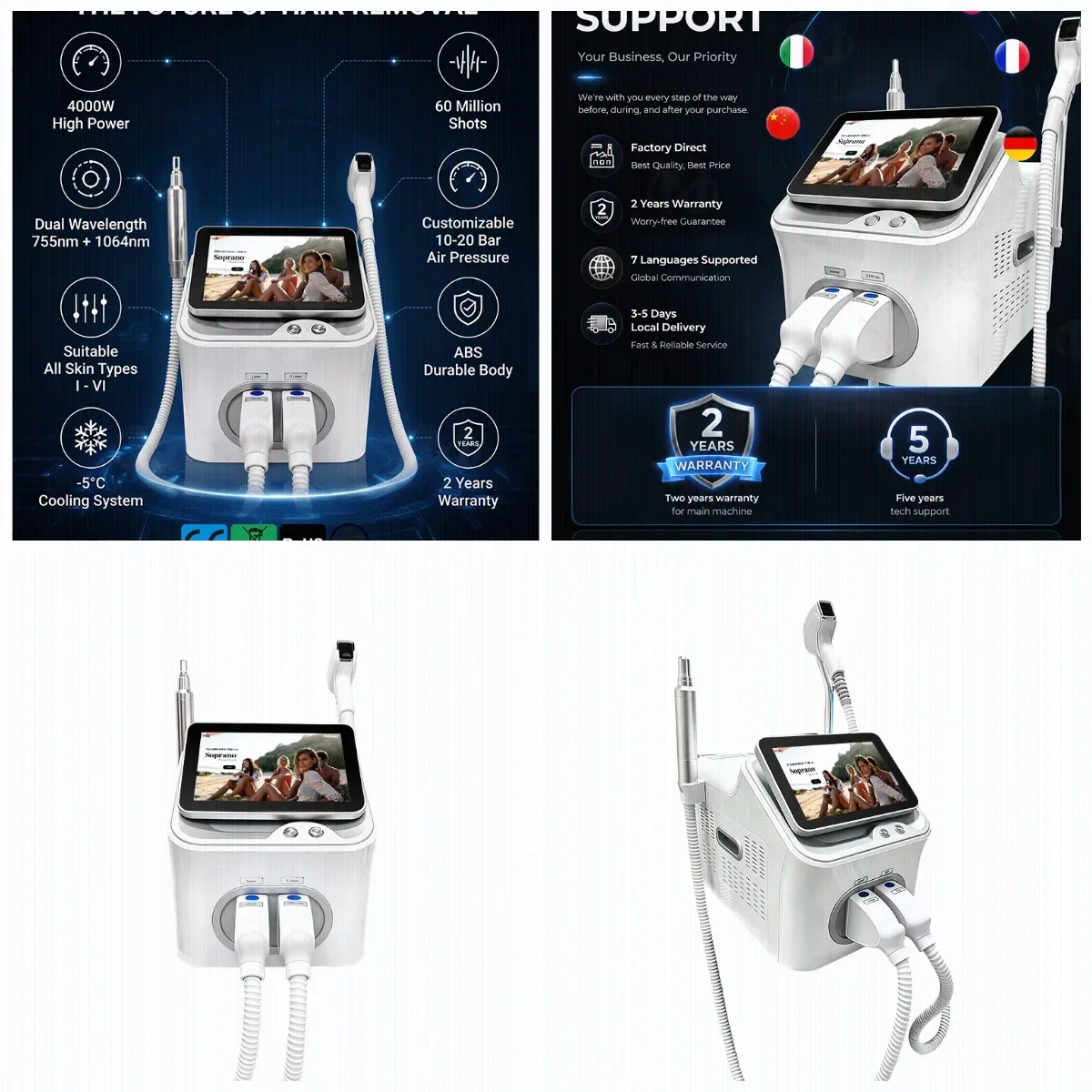 2026 Newest 4000W 2 In 1 Multifunctional Beauty Machine, 755/808/940/1064nm Four Wavelength Permanent Hair Removal And NDYAG
