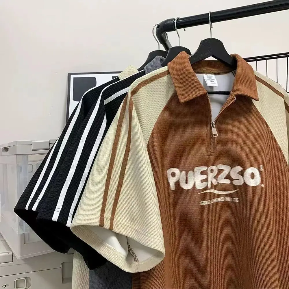 Polos de algodón con gofres americanos, camiseta a rayas de manga corta con cuello vuelto y cremallera, camisetas informales holgadas para hombres y mujeres, camisetas Harajuku