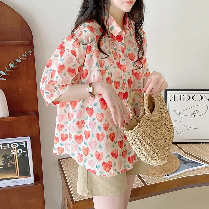 Printed Short-sleeved Shirt Blouse Summer Korean Version of Loose Painted Love Elegant and Youth Woman Blouses Camisas X693