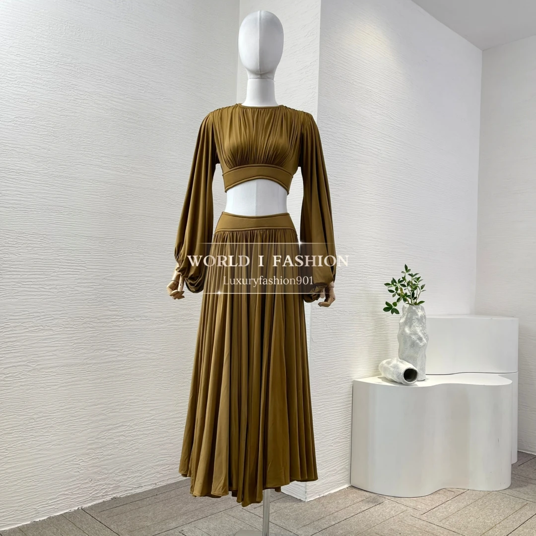 

2025 новые женские элегантные коричневые плиссированные топы с длинными рукавами и юбка с разрезом по подолу для праздника