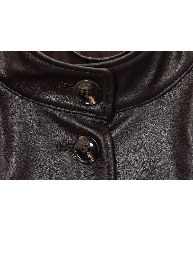 Hh mulher moda inverno estilo rua mangas compridas gola único breasted bolso decoração casaco feminino jaqueta de couro falso