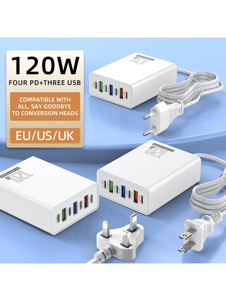 120W Ladeadapter 7 Anschlüsse 3USB+4PD Schnellladegerät 5V4A US/EU/UK Standard-Ladegerät für Mobiltelefone 2026 – Detail 3
