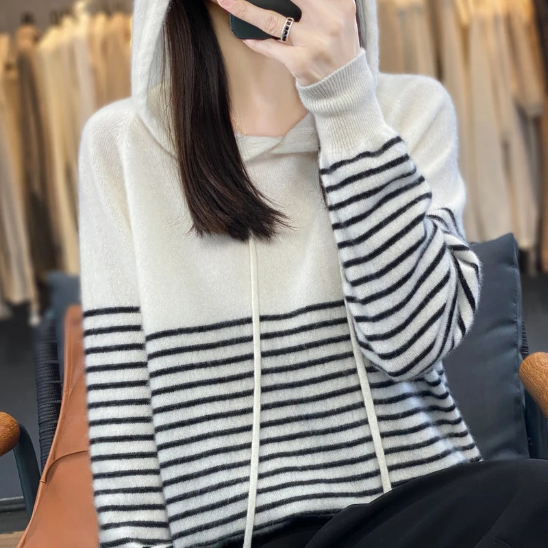 

YSC2024 New Women's Classic Australian Pure Wool Seamless Striped Hoodie Long Sleeve Basic Style Casual High Quality Sweater