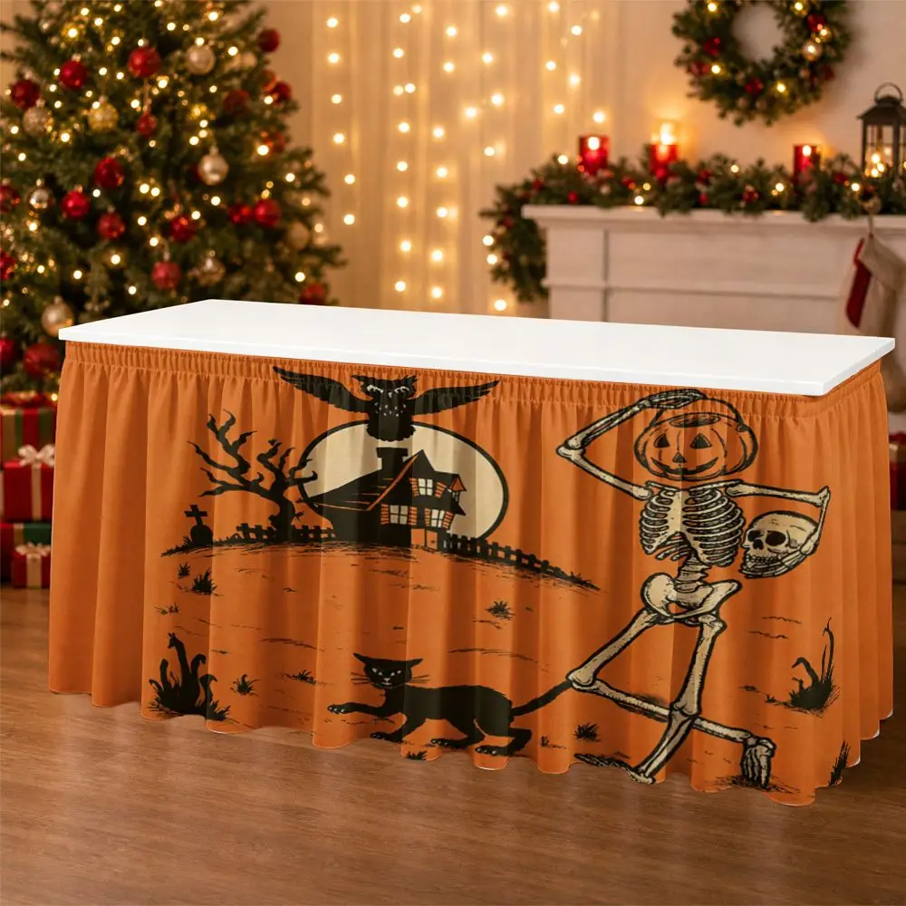 One Halloween tablecloth with a 2D flat design featuring a skull holding a pumpkin head and walking pattern