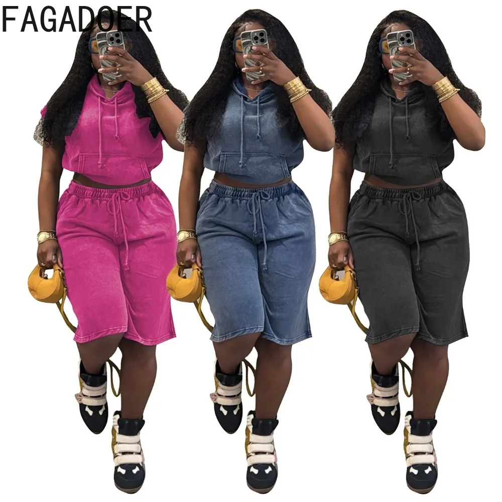 

FAGADOER Casual Solid Color Woman 2 Piece Set Outfit Drawstring Short Sleeve Hooded Crop Top + Shorts Matching Female Streetwear