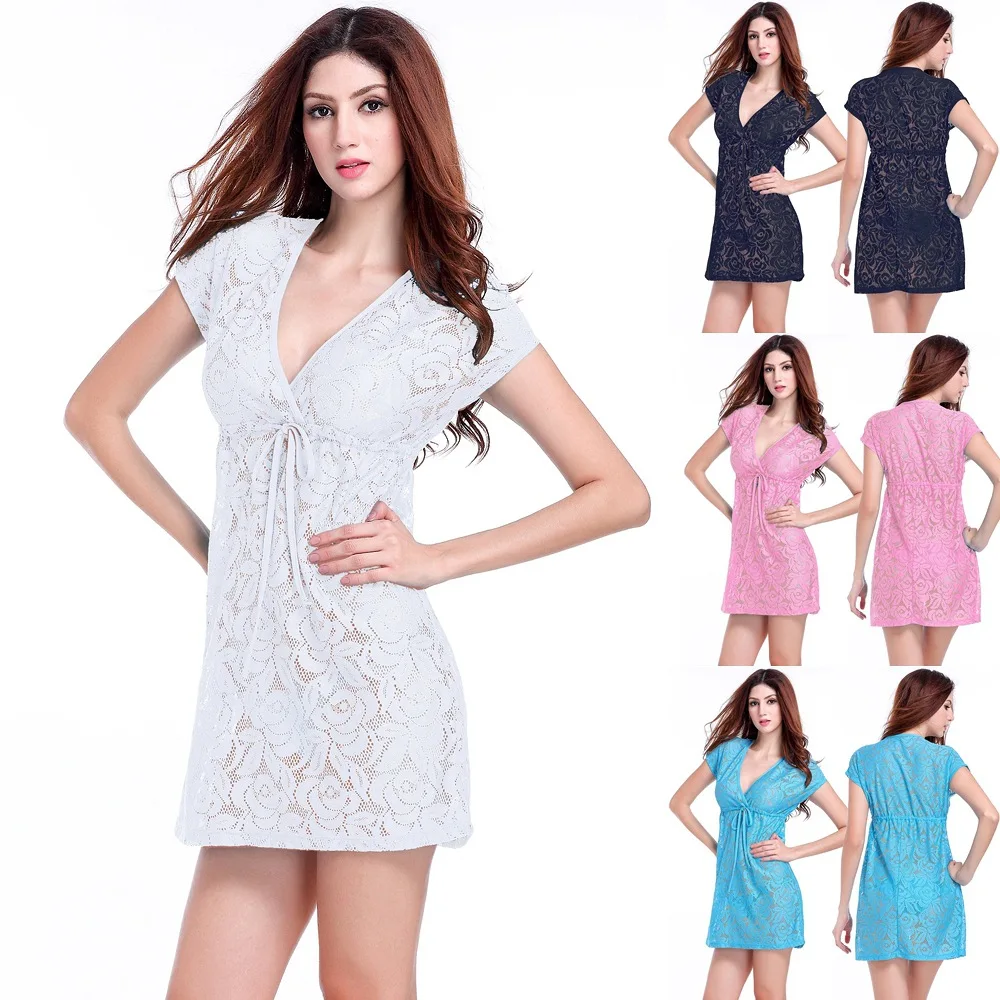 Bikini damskie haftowana koronkowa sukienka plażowa solidna pokrowiec na garnitur kąpielowa z dekoltem w szpic kurtki chroniące przed słońcem